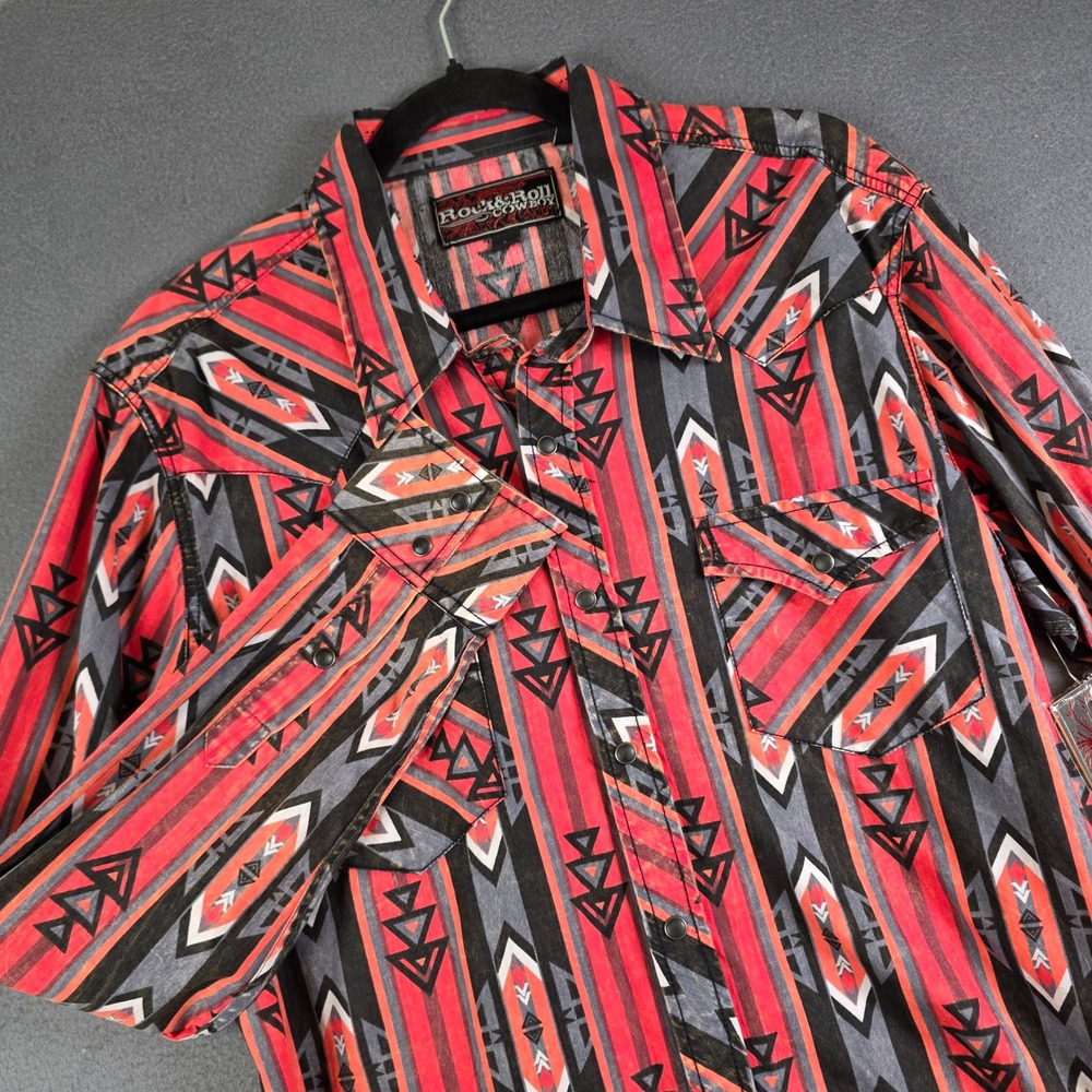 Rock and Roll Cowboy Mens Aztec Western Pearl Snap Shirt Red Grey Large NEW